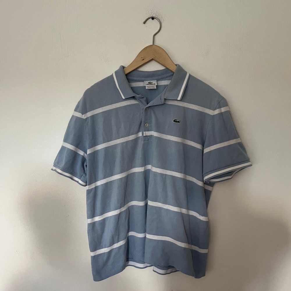 Lacoste Mens Striped Polo Shirt Light Blue White Size 5 Large Pique Short Sleeve